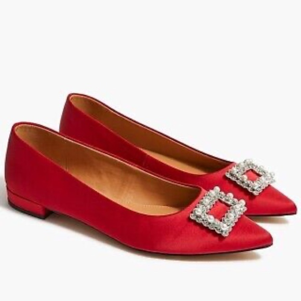 BRAND NEW in box J. Crew Red Pointy Tor Crystal Flats- size 10